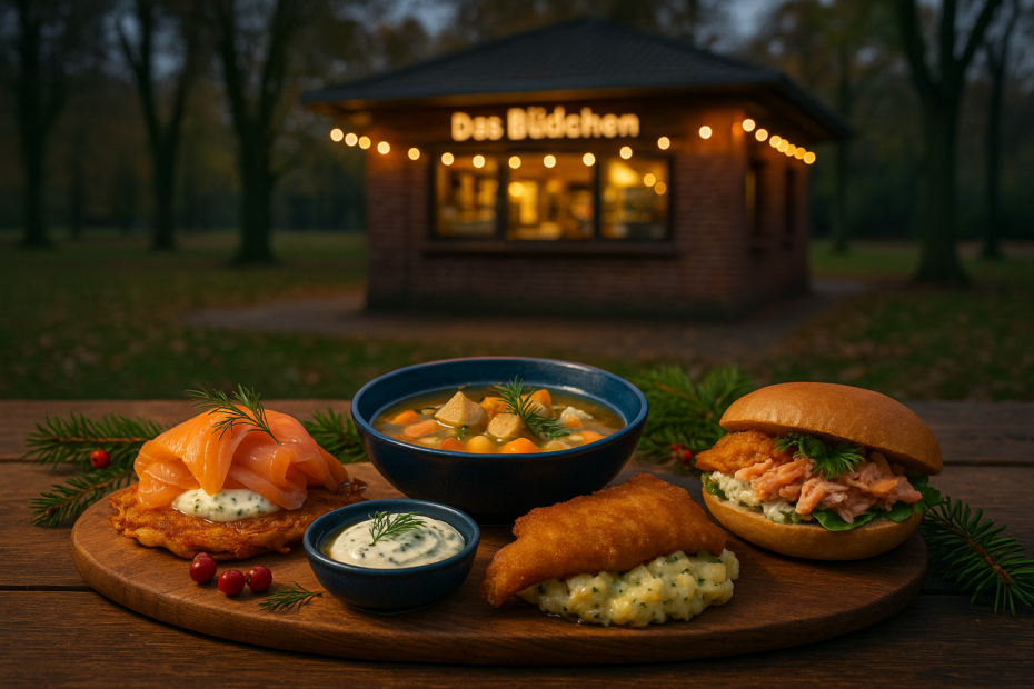 Verschiedene Fischspezialitäten wie gebeizter Lachs auf Kartoffelrösti, Fischsuppe, Backfisch und ein Fischbrötchen mit Rauchlachsforelle – stimmungsvoll im Büdchen-Ambiente präsentiert zum 3. Adventswochenende 2025. Abb. ähnlich