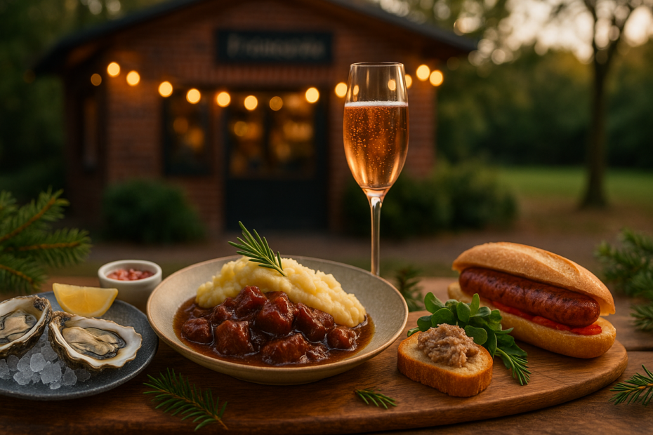 ranzösische Gerichte – Austern mit Baguette, Bœuf Bourguignon mit Kartoffel-Selleriestampf, Entenrilette auf Brioche und eine Merguez im Brötchen – stimmungsvoll auf einem Holztisch vor dem warm beleuchteten Volkspark Büdchen mit einem Glas Rosé Crémant. Abb. ähnlich