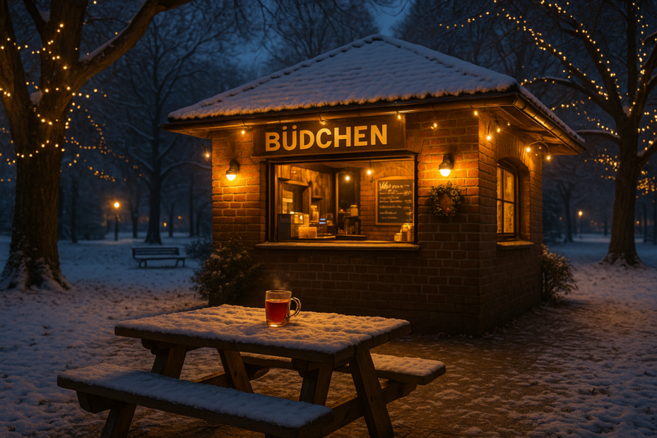Winterliches Volkspark Büdchen im warmen Abendlicht, festlich dekoriert für den Saison-Abschluss am 28. Dezember 2025, an dem Gäste gemeinsam das Jahr ausklingen lassen. Abb. ähnlich